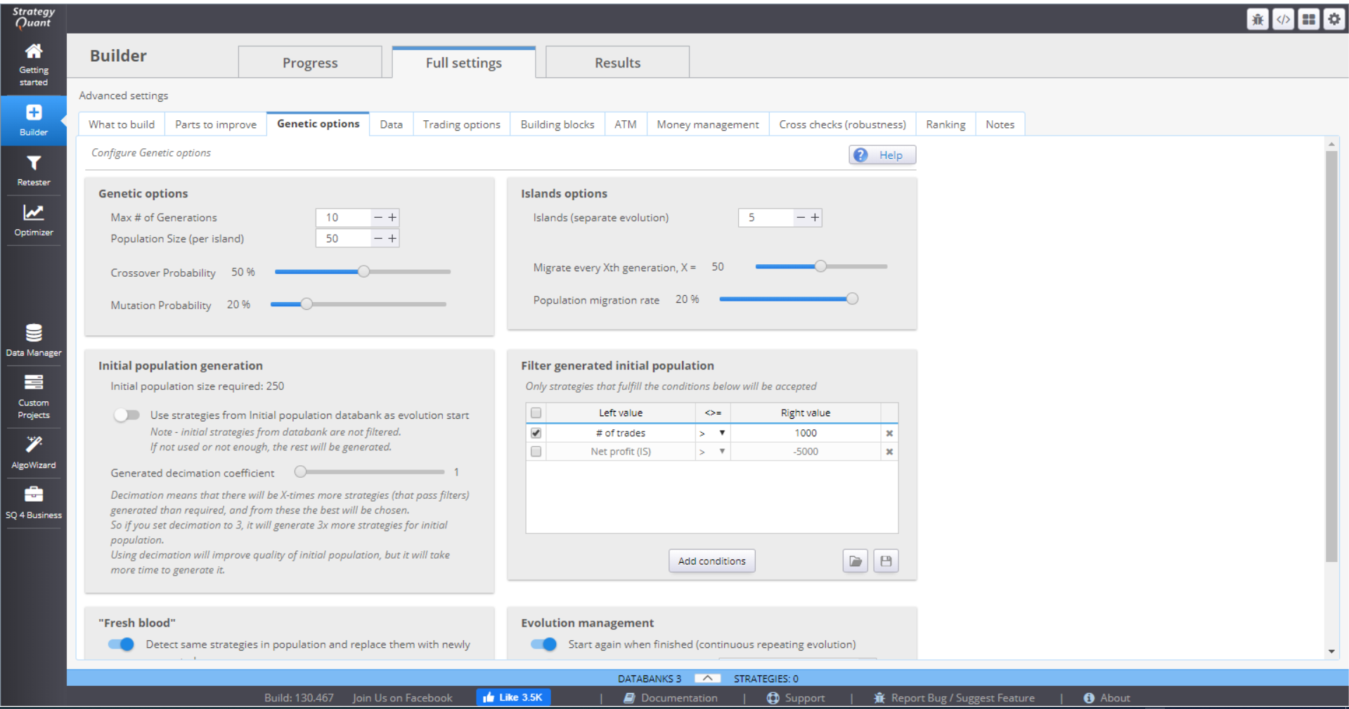 Builder menu Genetic Options
