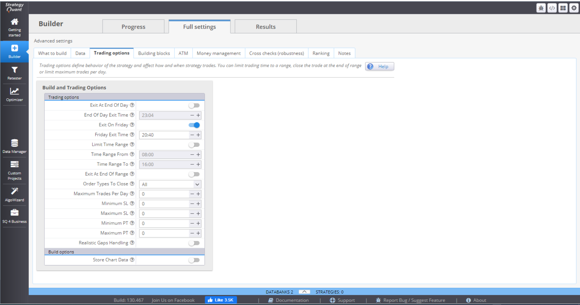 Builder menu Trading Options