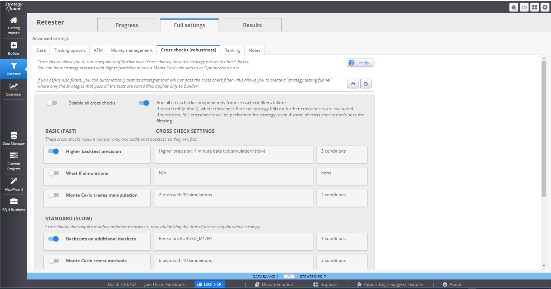 Retester menu Cross Checks (Robustness)