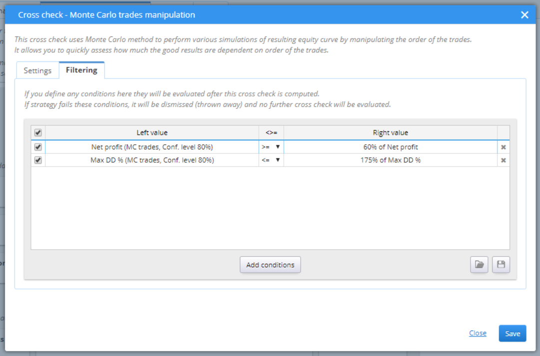 Monte Carlo Trades Manipulation Filtering