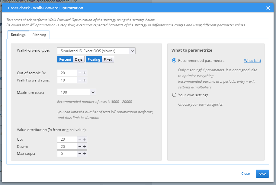 Walk-Forward Optimization Settings