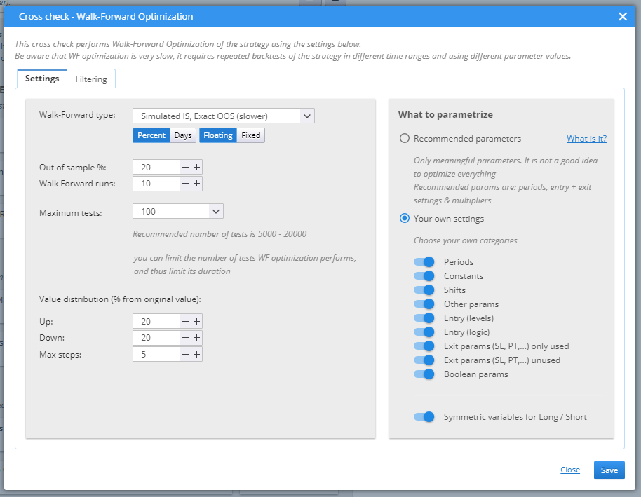 Walk-Forward Optimization Settings