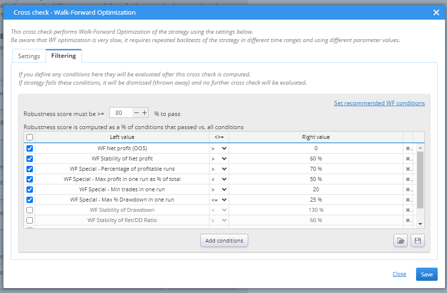 Walk-Forward Optimization Filtering