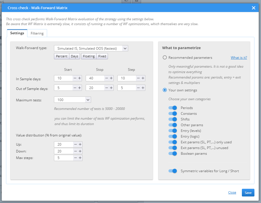 Walk-Forward Matrix Settings