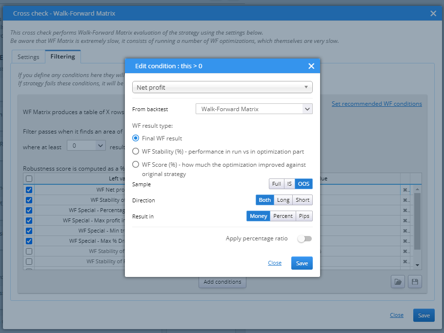 Edit Conditions for Crosscheck