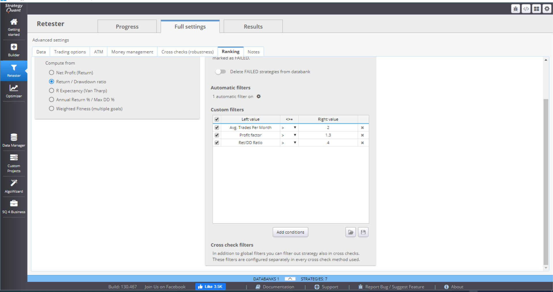 Retester menu Rankings&Filtering