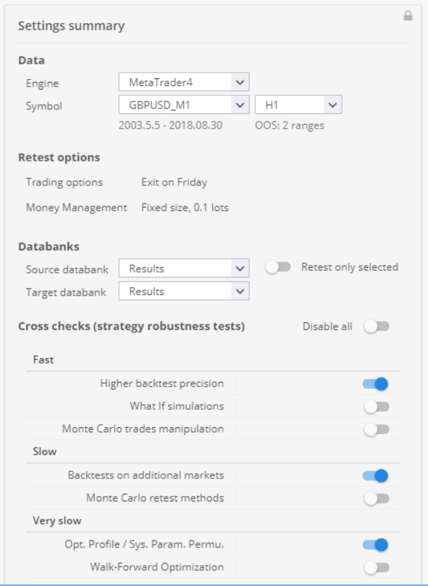 Retester Settings Summary